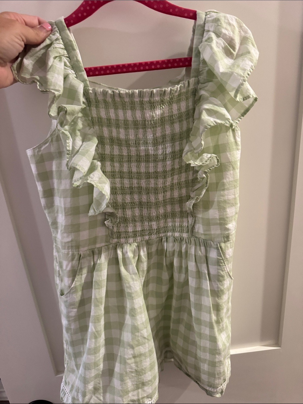 Janie and Jack Light Green Gingham Smocked Romper with Ruffle Straps